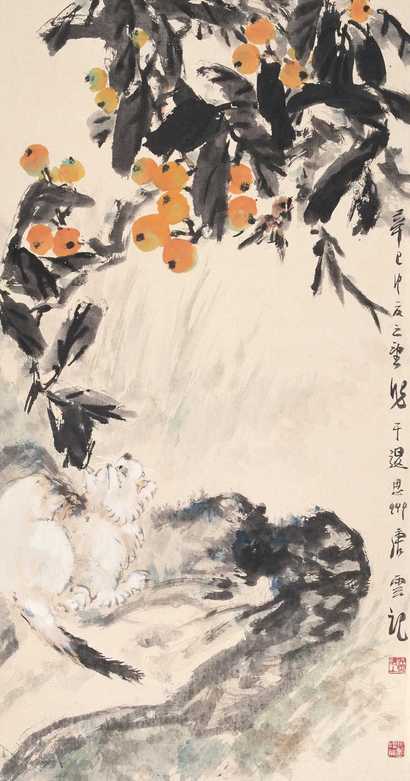 唐云 辛巳（1941年）作 枇杷猫雀 立轴